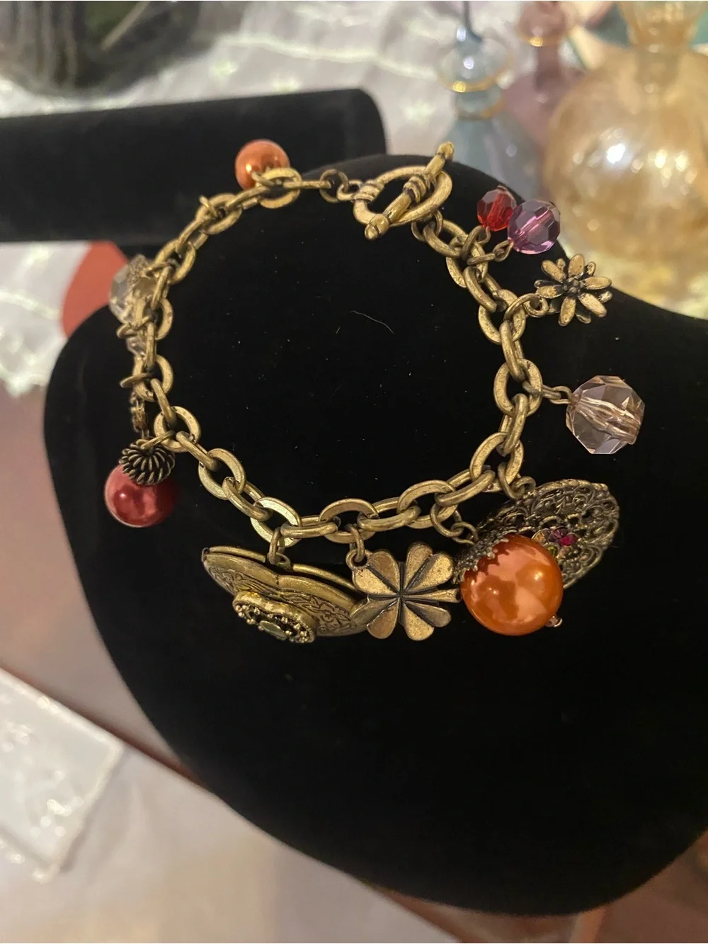 Victorian Revival Brass Functioning Heart Locket Floral Filigree Charm Bracelet